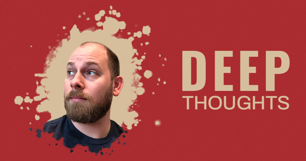 Red and gold Deep Thoughts logo - Owner's image in gold splatter