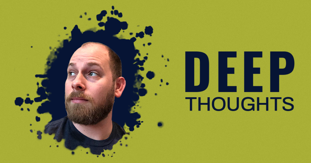 Green and navy Deep Thoughts logo - Owner's head in navy splatter